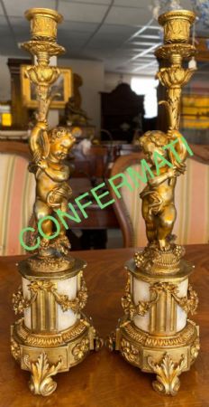Two Antique Gilt Bronze and White Marble Candlesticks, 19th Century, Louis XVI Style