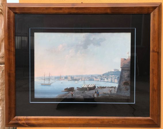 dipinto a gouache (acquerello) raffigurante il golfo di Napoli, con Castel dell'Ovo e Certosa di San Martino.