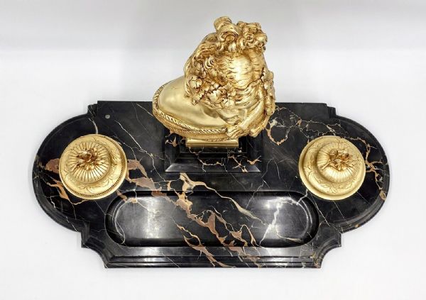 GROSSER TINTENFASS TINTENFASS VERGOLDETE BRONZE MARMOR