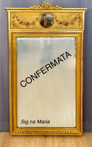 Antique Napoleon III mirror - gilded wood with colored print, 19th century.