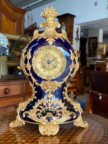 ANTICO OROLOGIO CERAMICA BLU “VINCENTI” A PENDOLO DA TAVOLO RARISSIMO H. 43