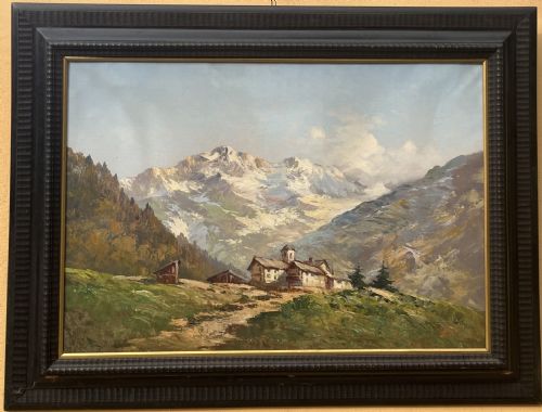 Pintura a óleo sobre tela, representando uma vista de paisagem montanhosa