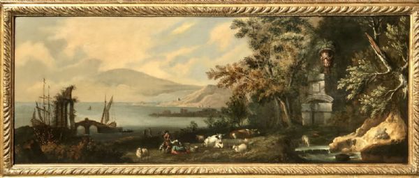 Dipinto olio su tela paesaggio con pastori ed armenti scuola napoletana
