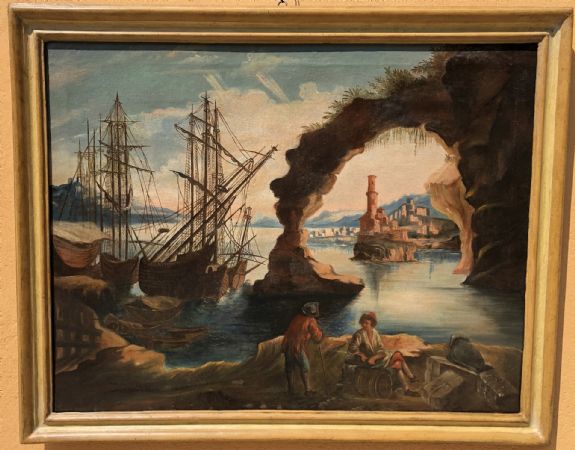 Ölgemälde auf Leinwand mit: "Seelandschaft mit Figuren und Segelschiffen"
    