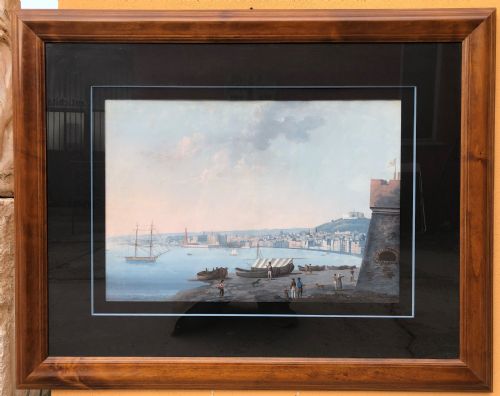 dipinto a gouache (acquerello) raffigurante il golfo di Napoli, con Castel dell'Ovo e Certosa di San Martino.
